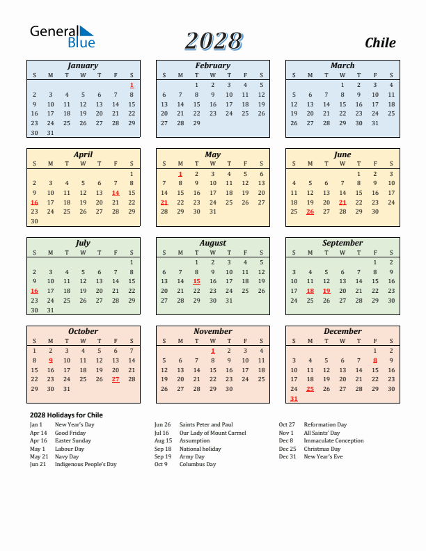 Chile Calendar 2028 with Sunday Start