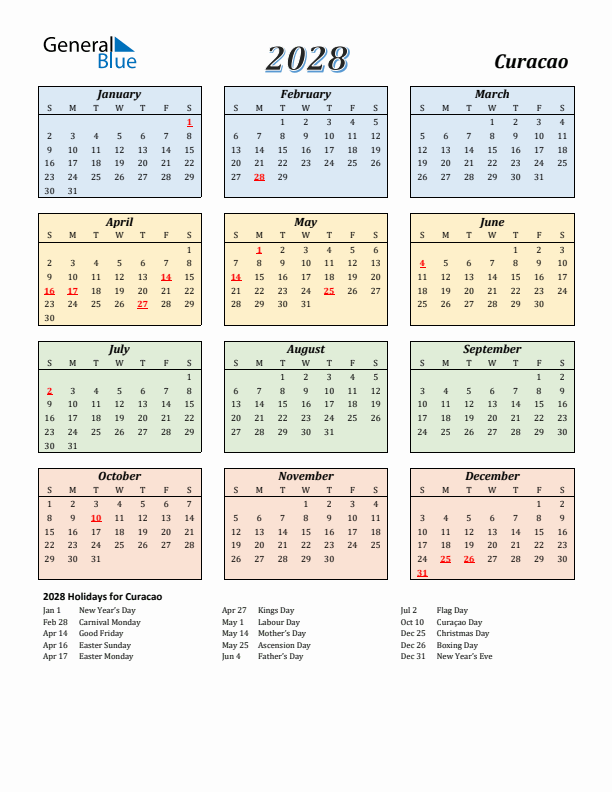 Curacao Calendar 2028 with Sunday Start