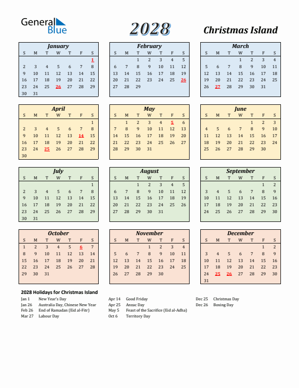 Christmas Island Calendar 2028 with Sunday Start