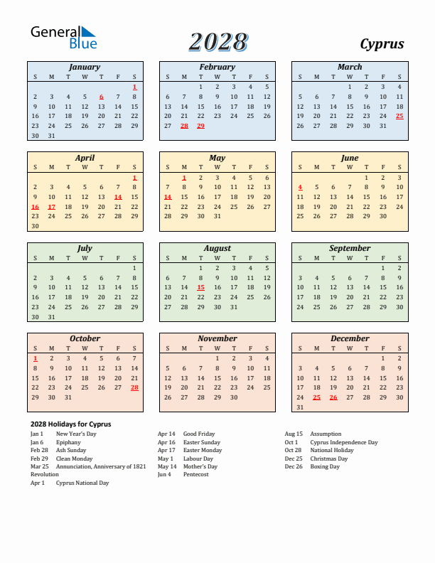 Cyprus Calendar 2028 with Sunday Start