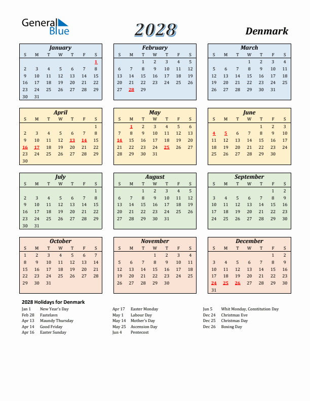 Denmark Calendar 2028 with Sunday Start