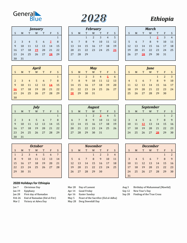 Ethiopia Calendar 2028 with Sunday Start