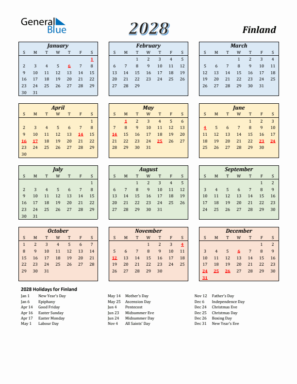 Finland Calendar 2028 with Sunday Start