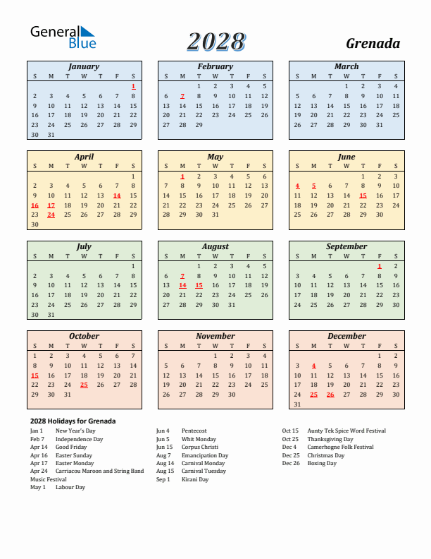 Grenada Calendar 2028 with Sunday Start