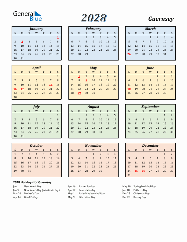 Guernsey Calendar 2028 with Sunday Start