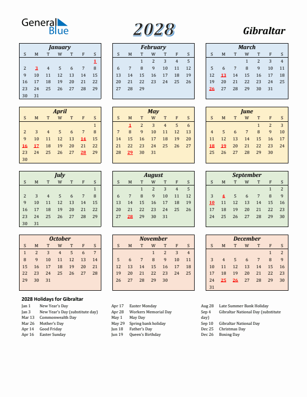 Gibraltar Calendar 2028 with Sunday Start