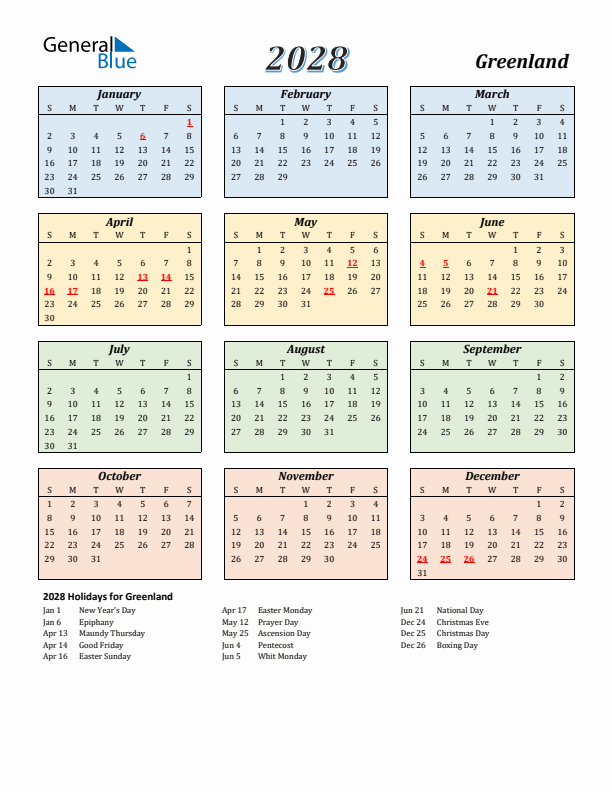 Greenland Calendar 2028 with Sunday Start