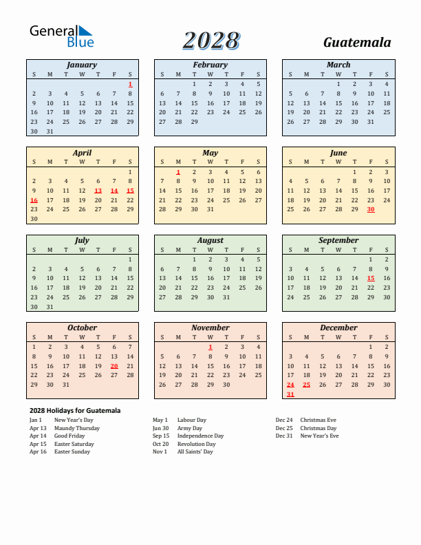 Guatemala Calendar 2028 with Sunday Start