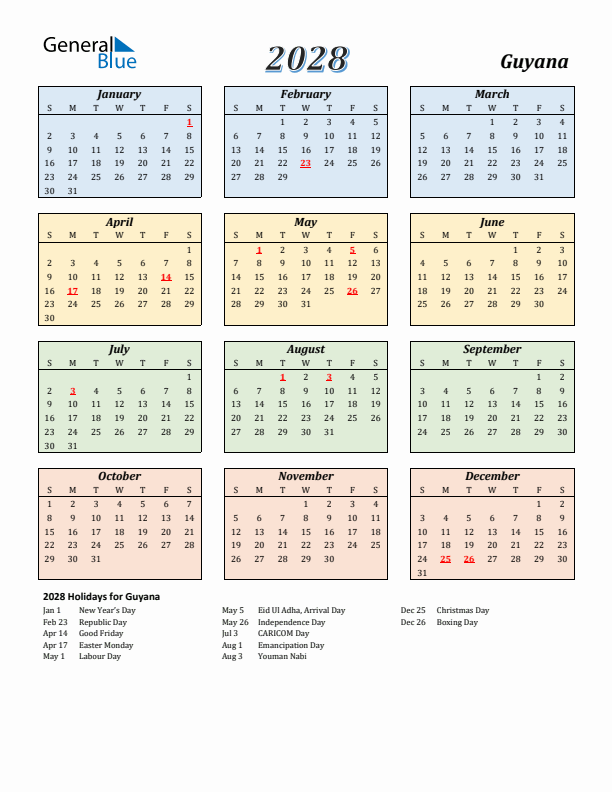 Guyana Calendar 2028 with Sunday Start