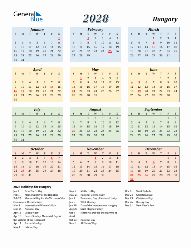 Hungary Calendar 2028 with Sunday Start