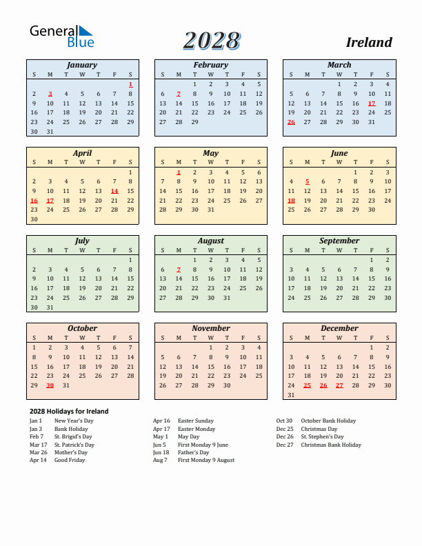 Ireland Calendar 2028 with Sunday Start