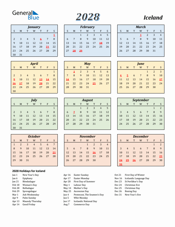 Iceland Calendar 2028 with Sunday Start