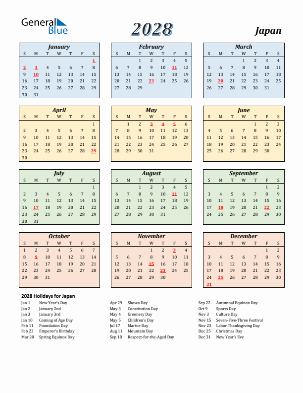 Japan Calendar 2028 with Sunday Start