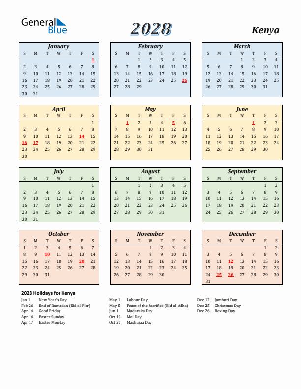 Kenya Calendar 2028 with Sunday Start