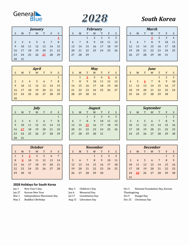 South Korea Calendar 2028 with Sunday Start