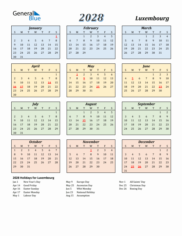 Luxembourg Calendar 2028 with Sunday Start