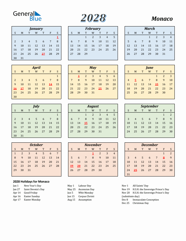 Monaco Calendar 2028 with Sunday Start