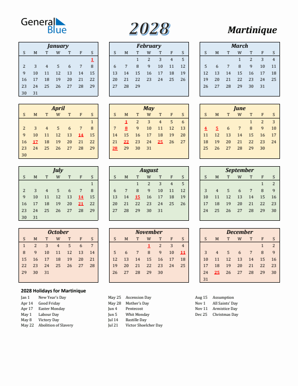 Martinique Calendar 2028 with Sunday Start