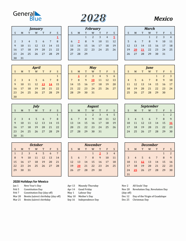 Mexico Calendar 2028 with Sunday Start