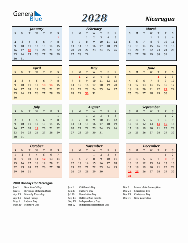 Nicaragua Calendar 2028 with Sunday Start