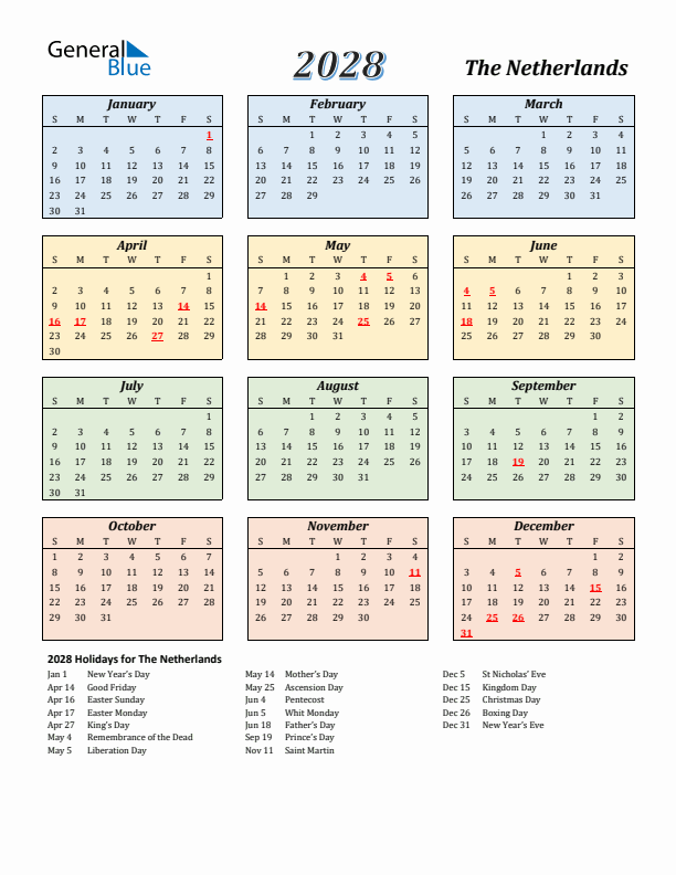 The Netherlands Calendar 2028 with Sunday Start