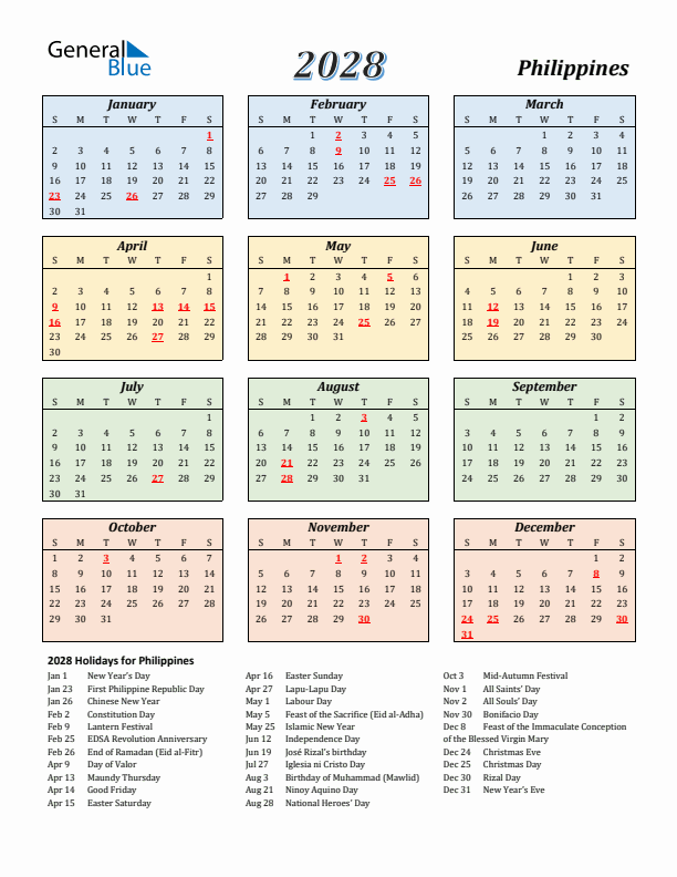 Philippines Calendar 2028 with Sunday Start