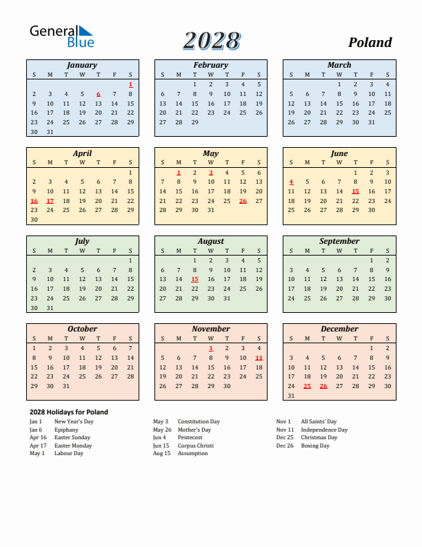 Poland Calendar 2028 with Sunday Start