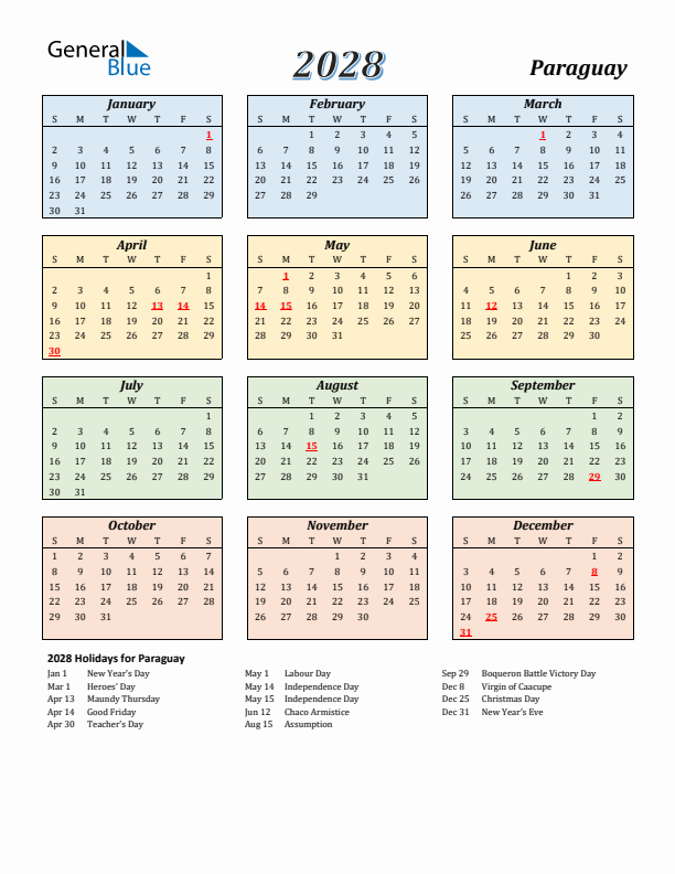 Paraguay Calendar 2028 with Sunday Start