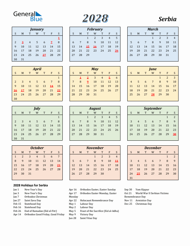 Serbia Calendar 2028 with Sunday Start