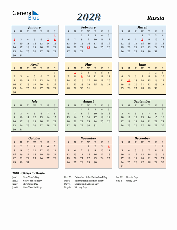 Russia Calendar 2028 with Sunday Start