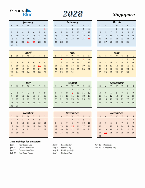 Singapore Calendar 2028 with Sunday Start