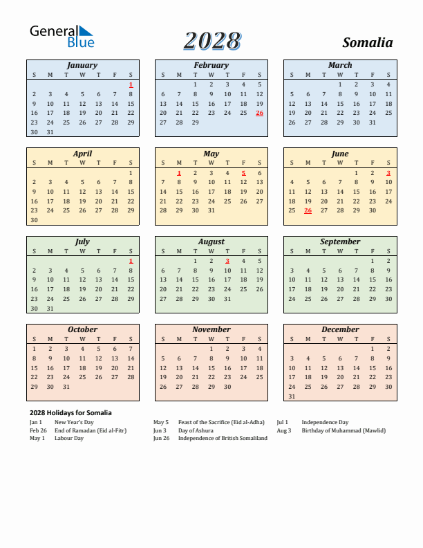 Somalia Calendar 2028 with Sunday Start