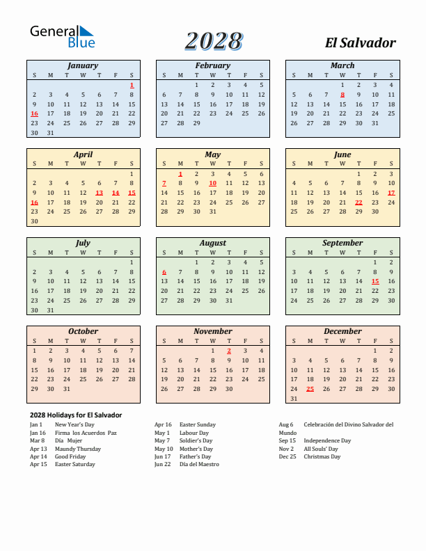 El Salvador Calendar 2028 with Sunday Start