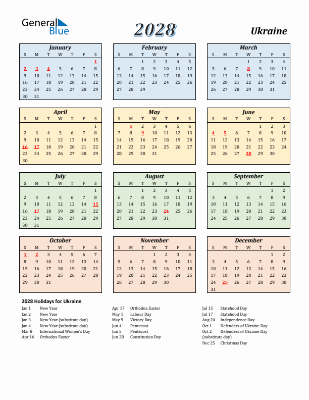 Ukraine Calendar 2028 with Sunday Start