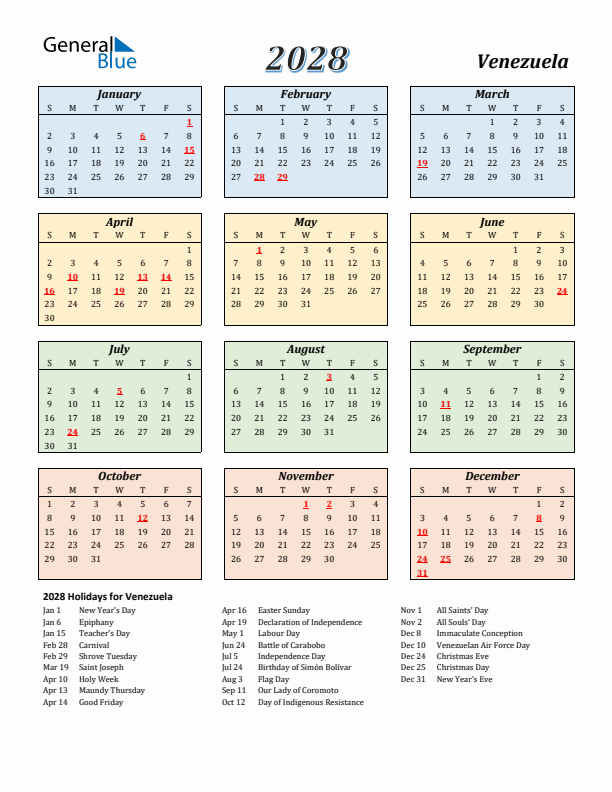 Venezuela Calendar 2028 with Sunday Start