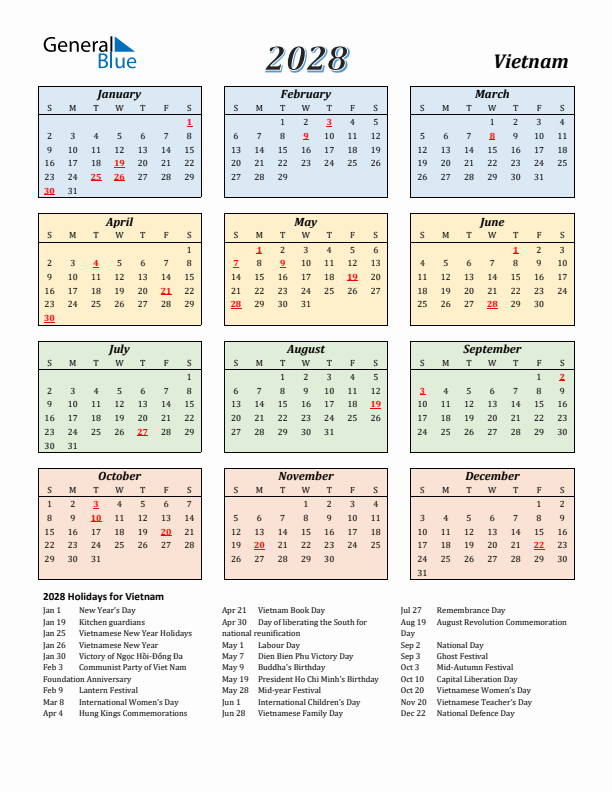 Vietnam Calendar 2028 with Sunday Start