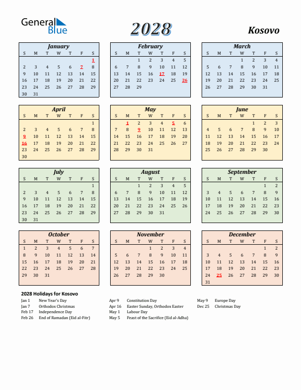 Kosovo Calendar 2028 with Sunday Start