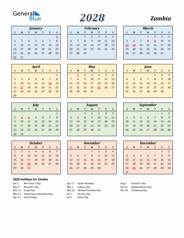 Zambia Calendar 2028 with Sunday Start