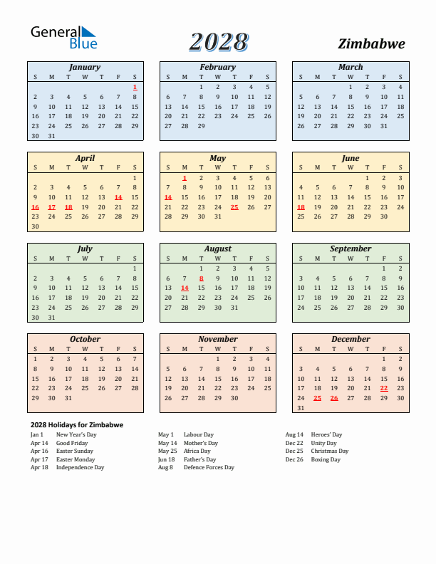 Zimbabwe Calendar 2028 with Sunday Start