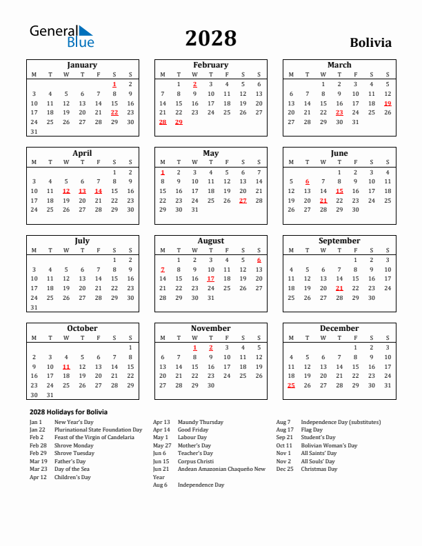 2028 Bolivia Holiday Calendar - Monday Start