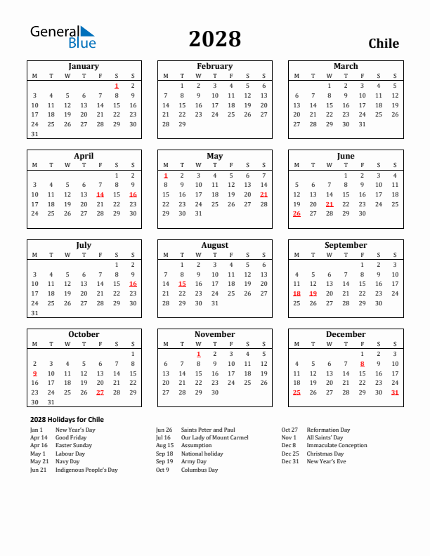 2028 Chile Holiday Calendar - Monday Start