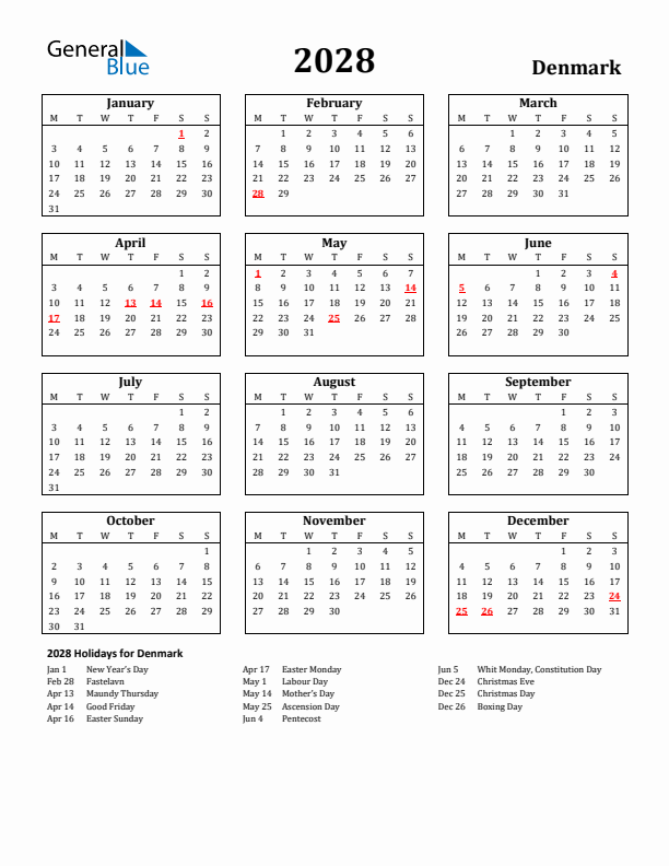 2028 Denmark Holiday Calendar - Monday Start