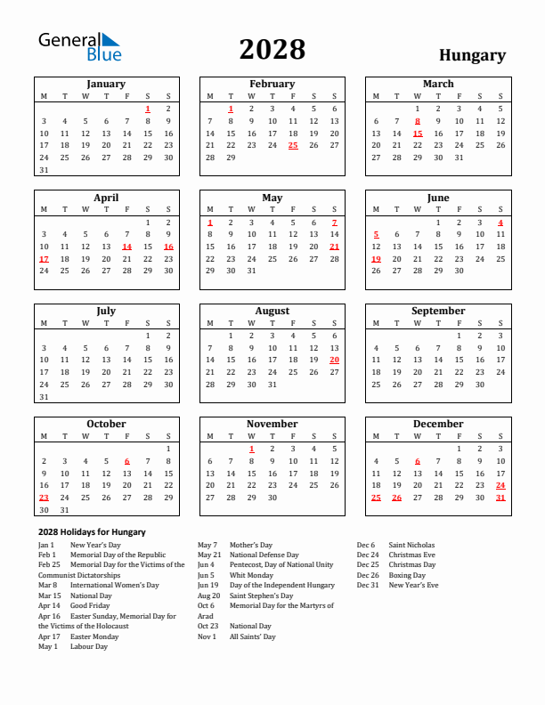 2028 Hungary Holiday Calendar - Monday Start