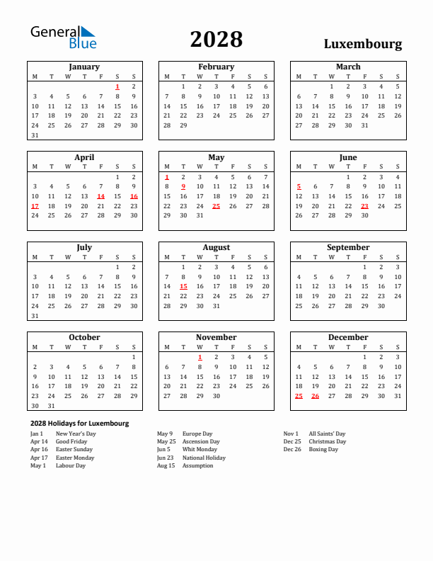 2028 Luxembourg Holiday Calendar - Monday Start