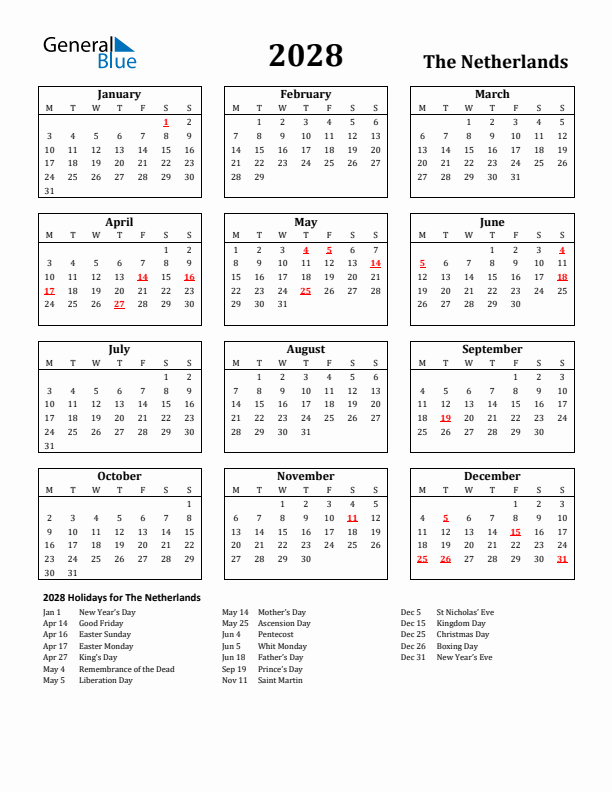 2028 The Netherlands Holiday Calendar - Monday Start