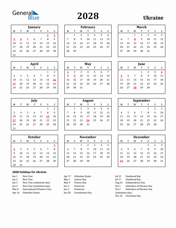 2028 Ukraine Holiday Calendar - Monday Start