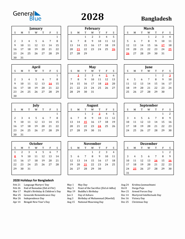 2028 Bangladesh Holiday Calendar - Sunday Start