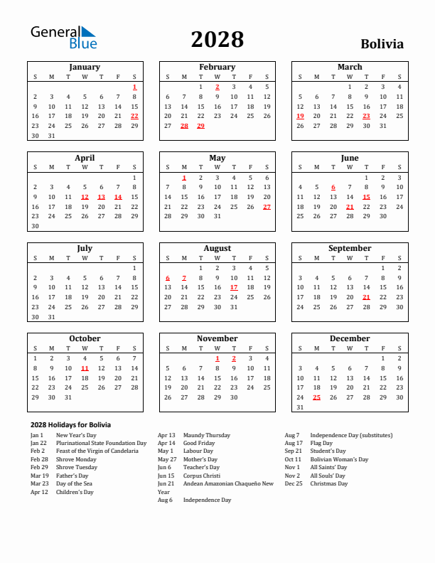 2028 Bolivia Holiday Calendar - Sunday Start