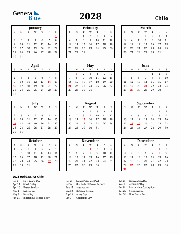 2028 Chile Holiday Calendar - Sunday Start