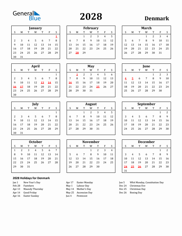 2028 Denmark Holiday Calendar - Sunday Start